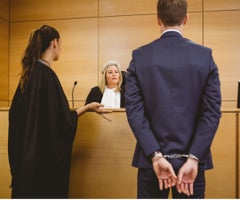 Judge talking with the criminal in handcuffs in the court room