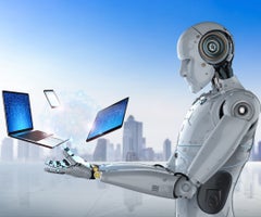 3d rendering humanoid robot work with digital gadgets for social network