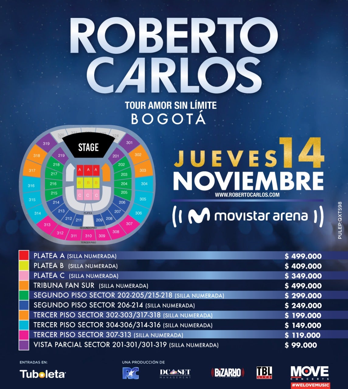 Roberto Carlos regresa a Bogotá con el concierto de su tour 'Amor sin