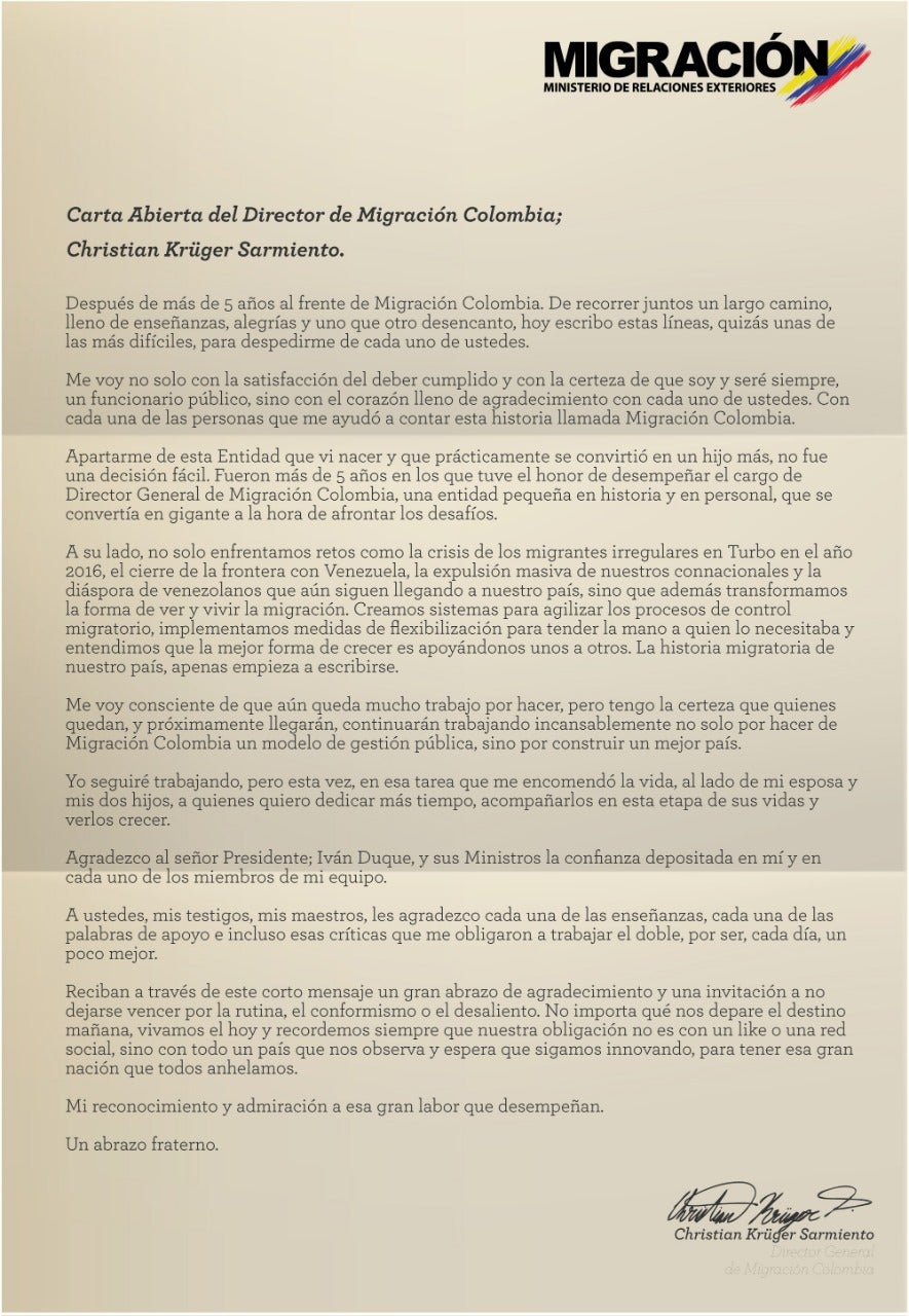 Tras cinco años en el cargo, Christian Krüger renuncia a la dirección de  Migración Colombia