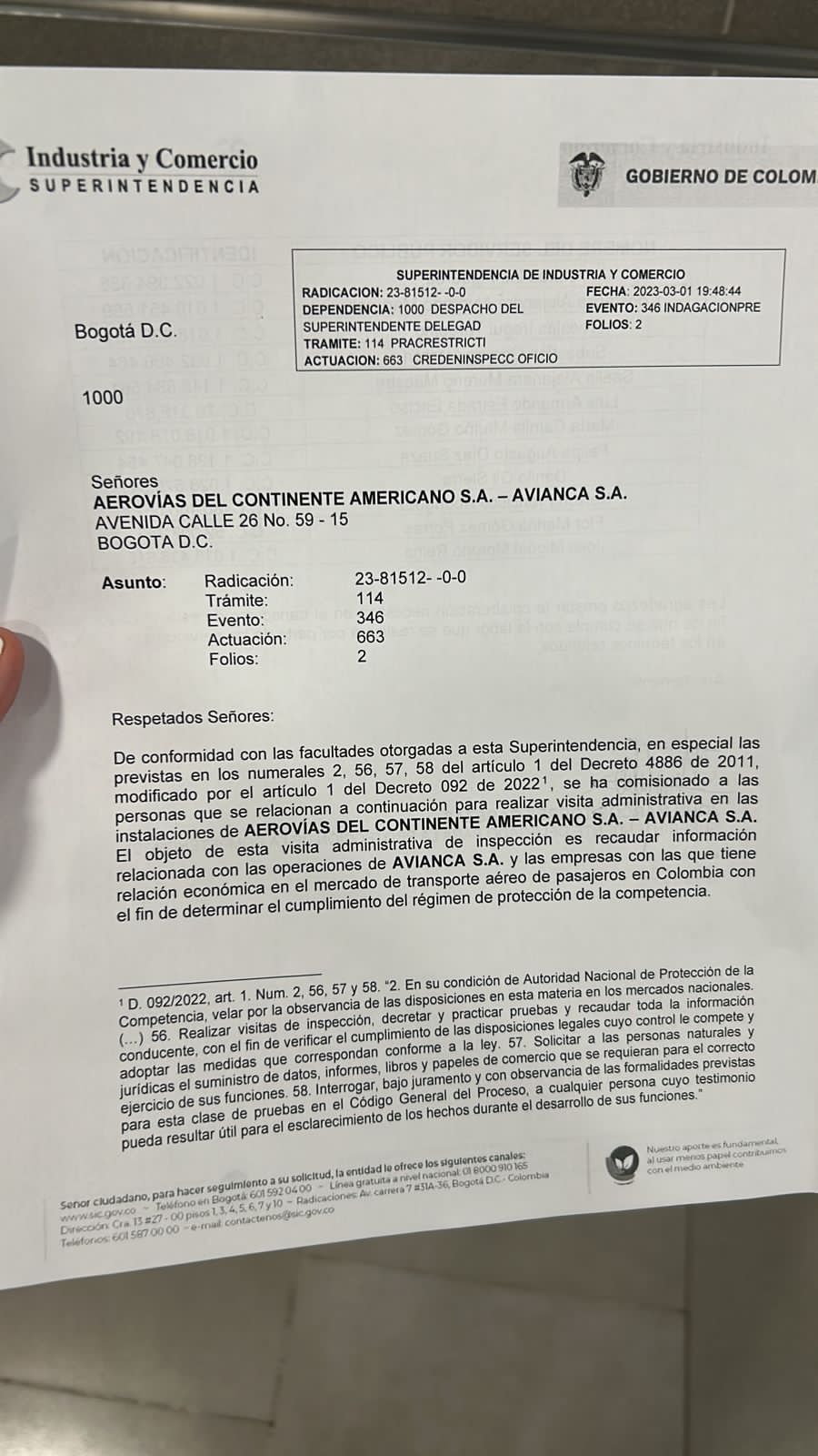 Notificación de la SIC a Avianca sobre inspección