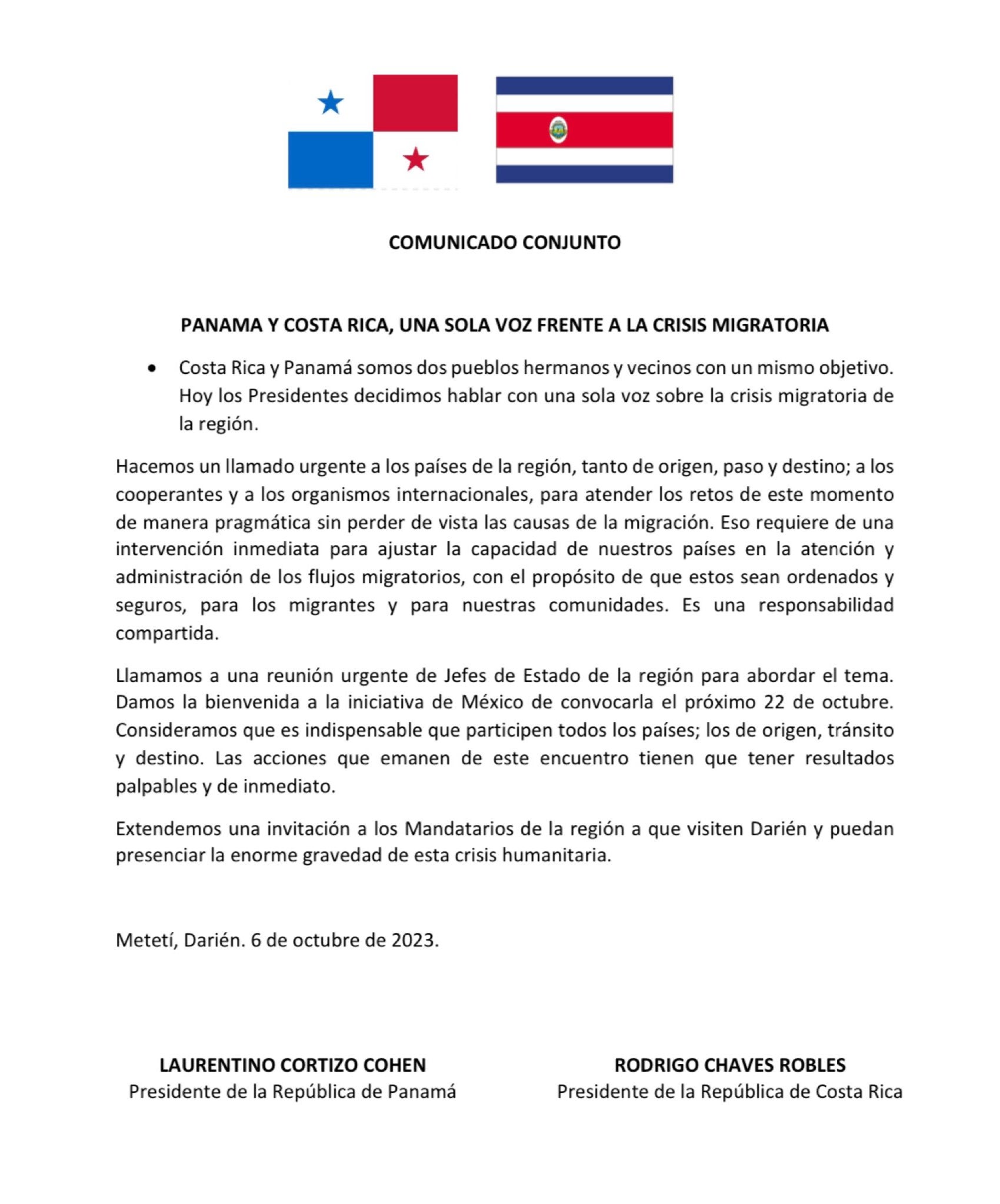 Declaración conjunta sobre migración