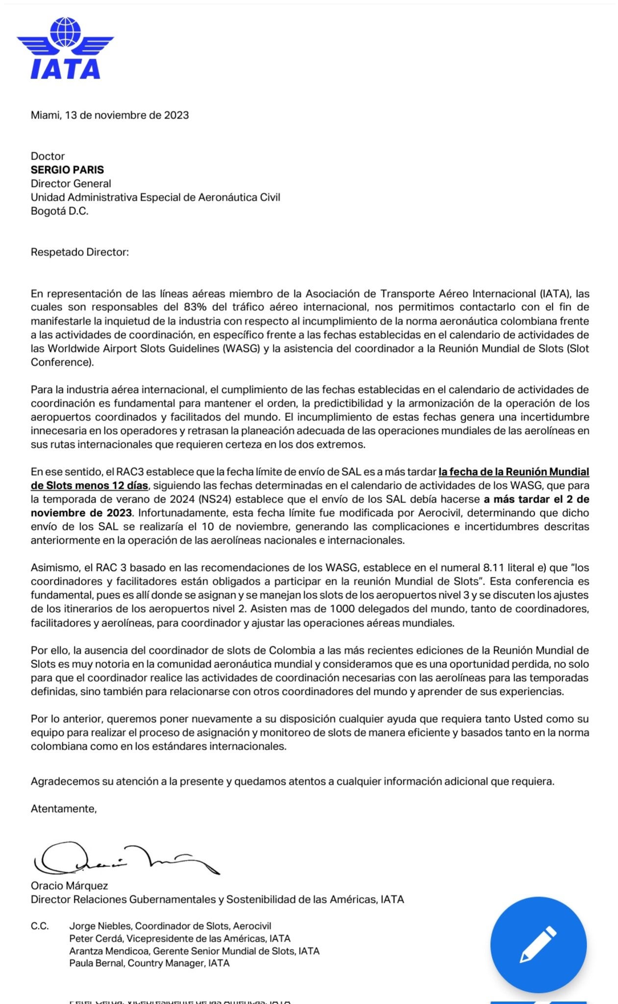 Carta de la Iata a la Aeronáutica Civil