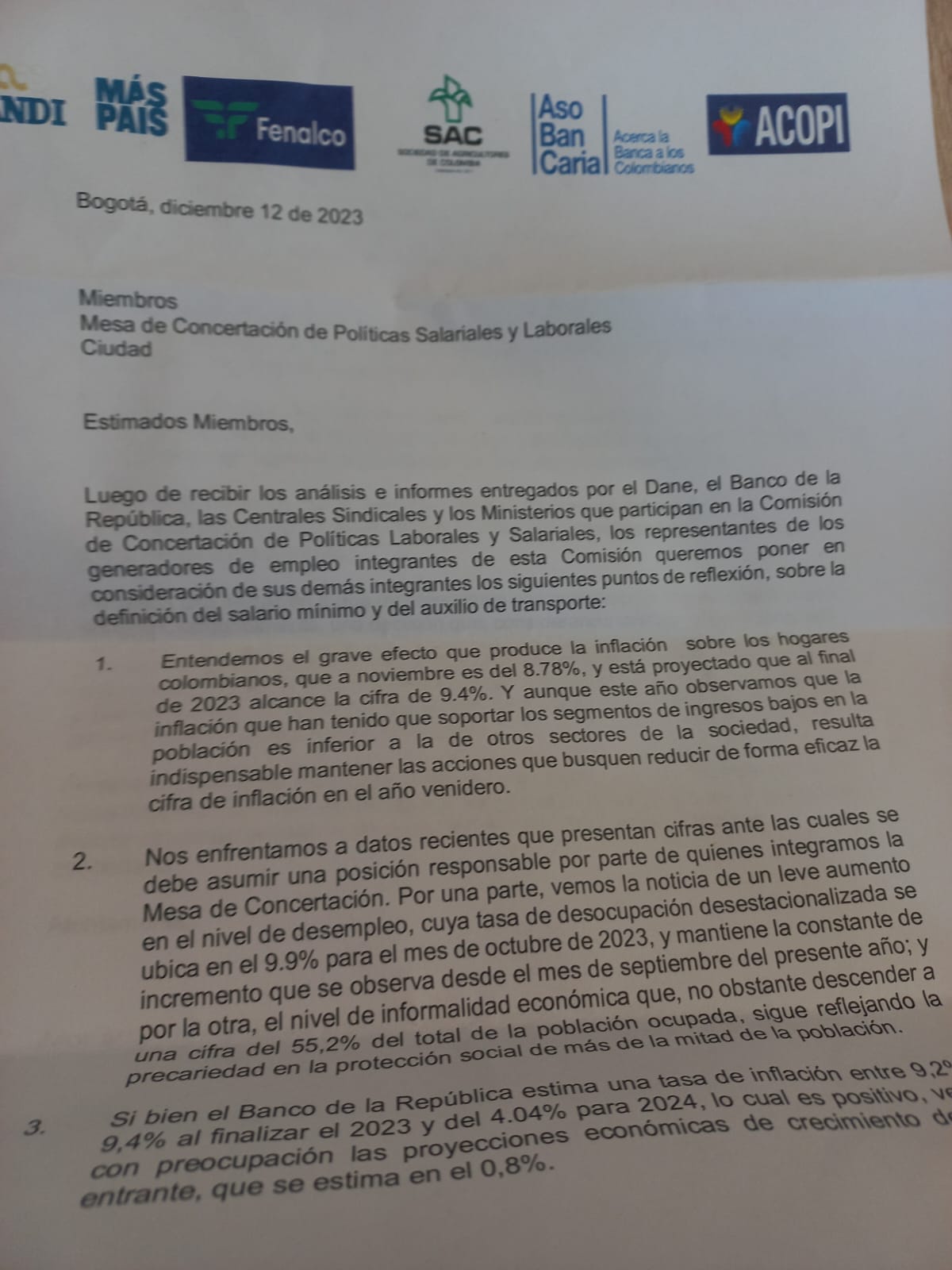 Carta dirigida a la mesa de concertación del salario mínimo