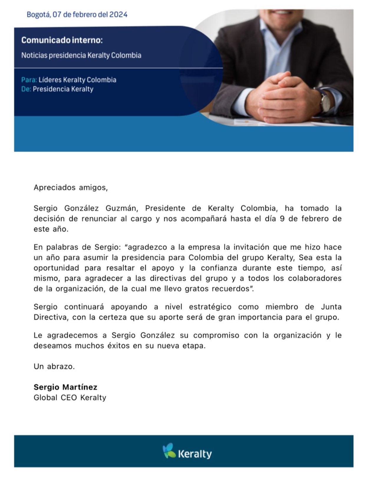 Carta de renuncia de Sergio González en Keralty Colombia