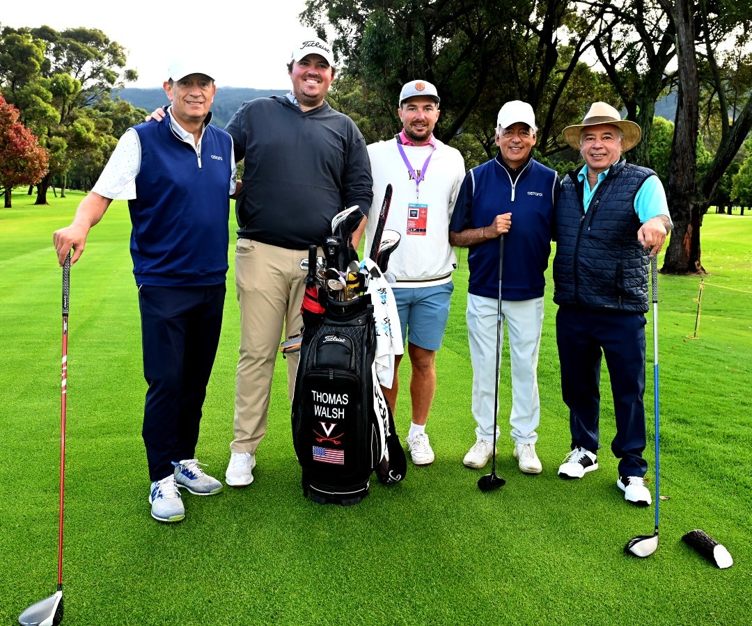 Gabriel Delascasas, periodista de Caracol Radio; Thomas Walsh, golfista; Nathaniel Scott, caddy; Camilo Rozo, gerente de Gestión Promotora de Seguros; y Gabriel Hurtado, presidente del Club Guaymaral.