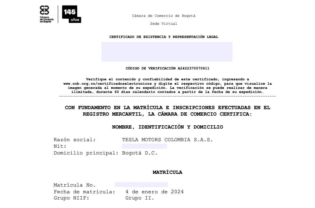 Constitución de Tesla en Colombia 
