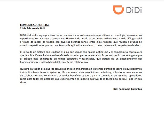 Didi Food emite comunicado