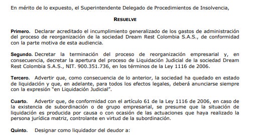 Proceso de insolvencia de Muebles & Accesorios