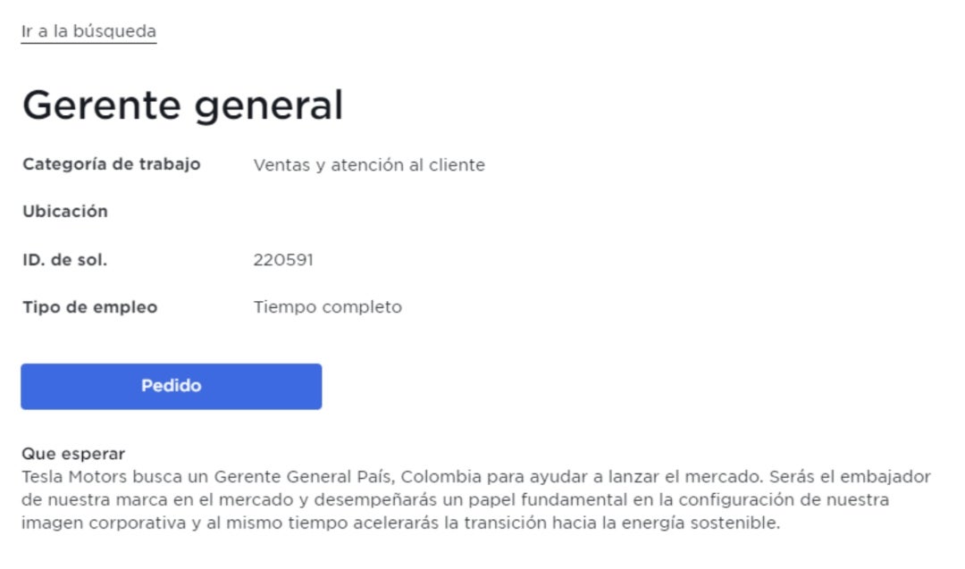 Vacante gerente general Tesla Colombia