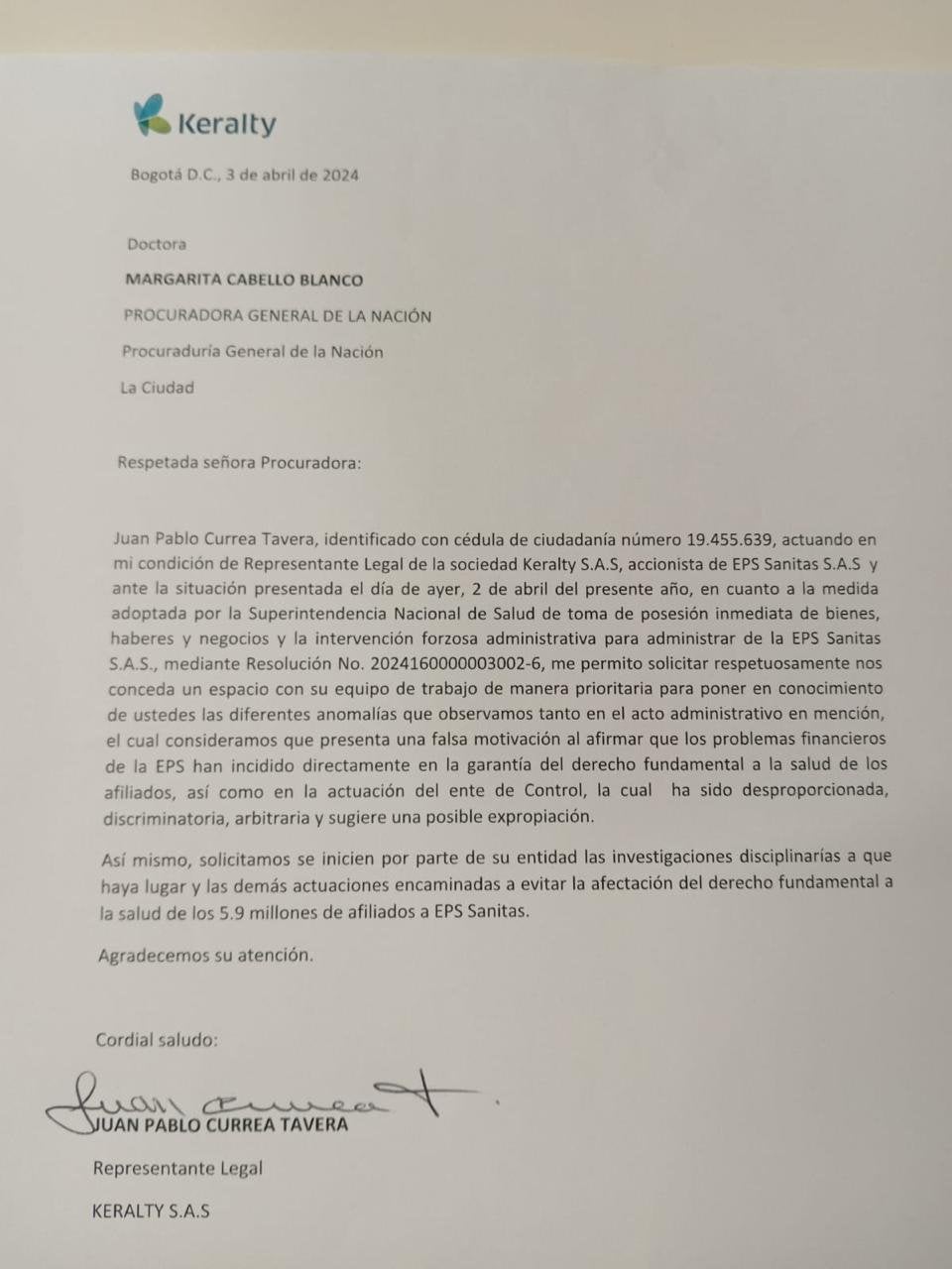 Sanitas radicó carta ante la PGN