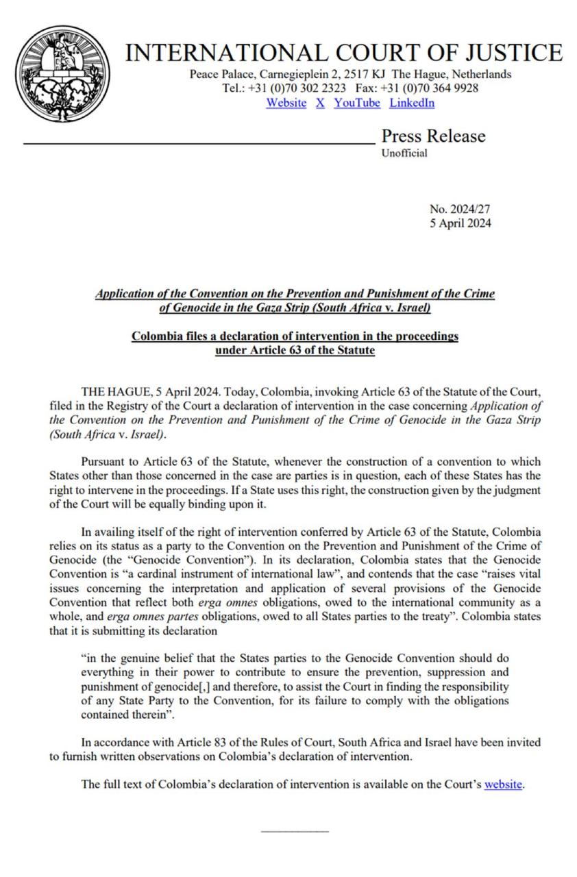 Solicitud de Colombia para que la CIJ intervenga en demanda de Sudáfrica contra Israel
