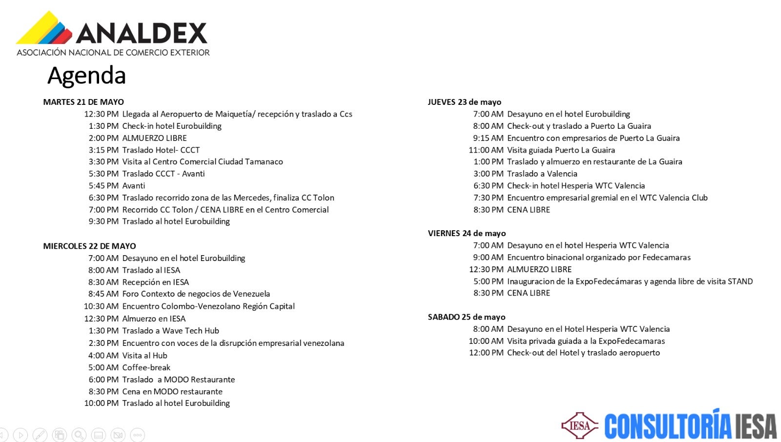 Itinerario de la misión empresarial de Analdex