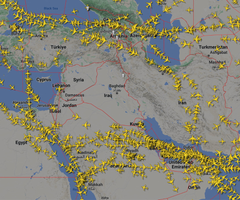 Una representación gráfica del tráfico aéreo muestra el espacio aéreo sobre Irán y el vecino Oriente Medio