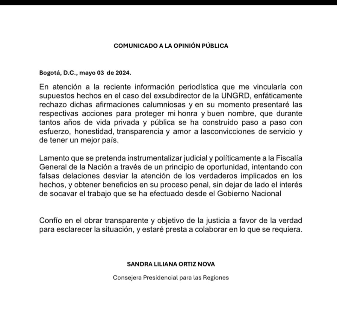 Comunicado de Sandra Ortiz