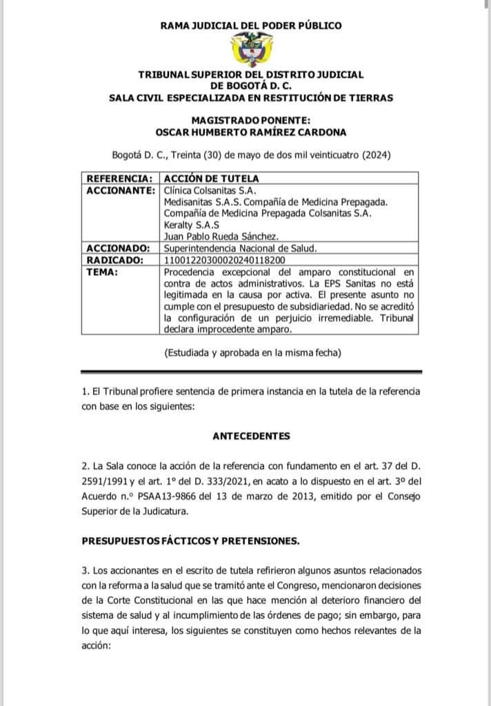 Fallo de acción de tutela que había interpuesto Sanitas