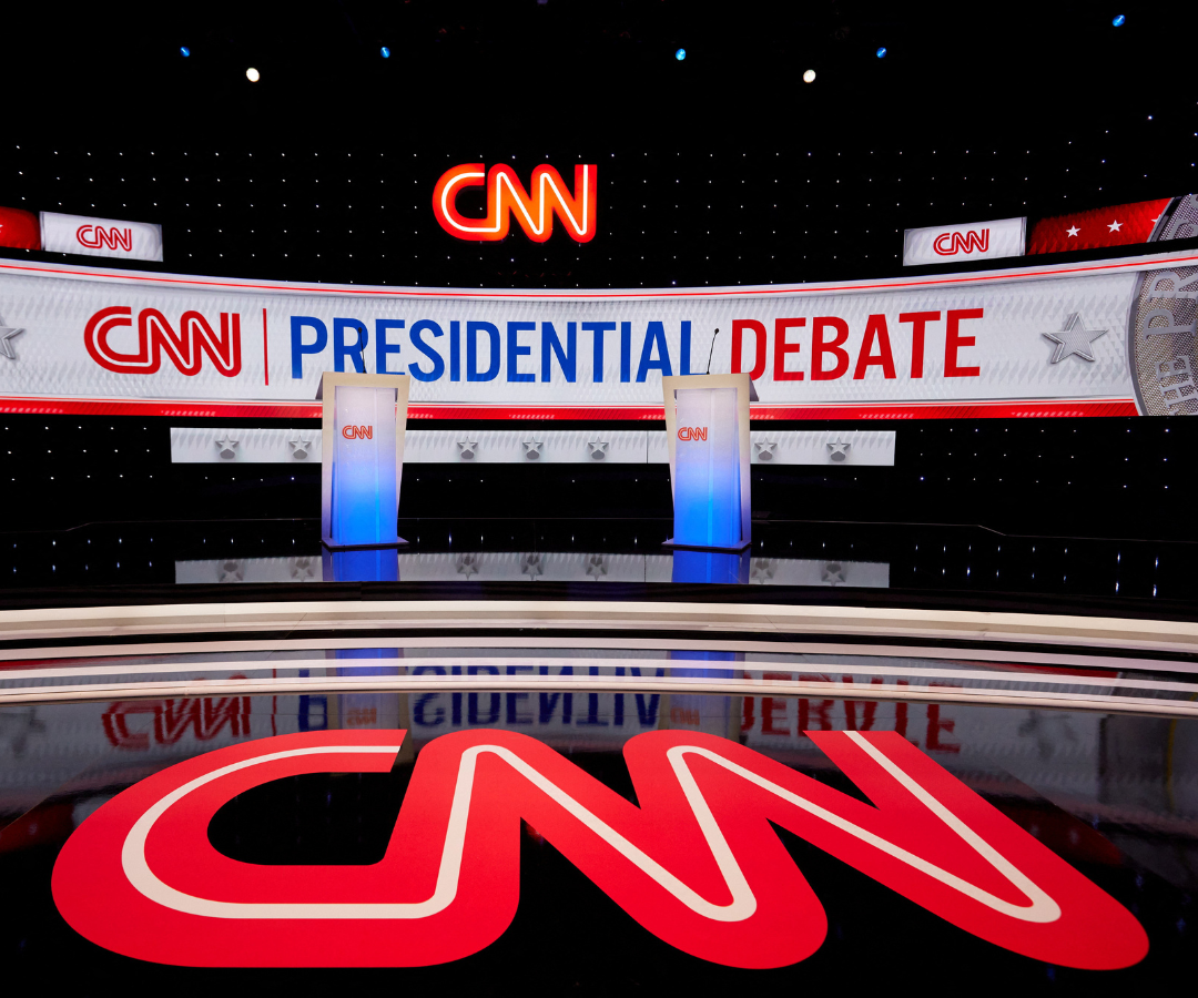 El escenario preparado para el primer debate de 2024 entre el presidente de EE.UU., Joe Biden, y el ex presidente de EE.UU. y candidato republicano a la presidencia, Donald Trump.