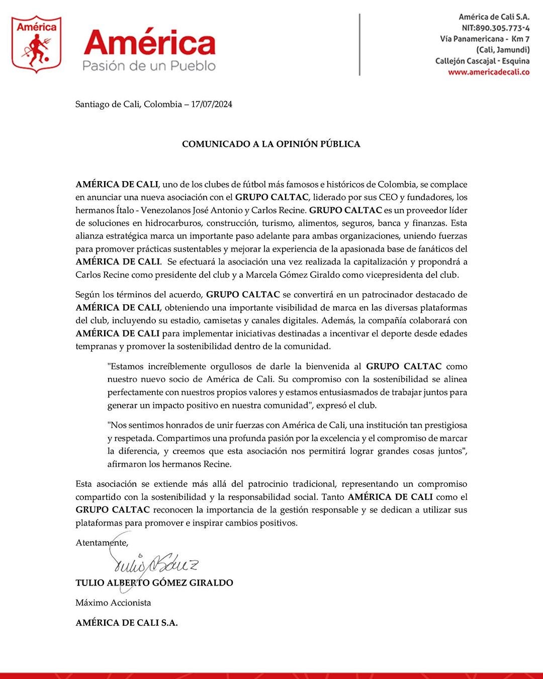 Carta del América de Cali