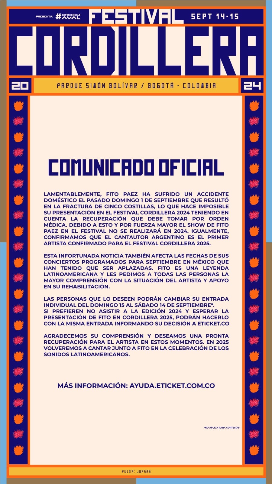 Festival Cordillera anuncia la cancelación de la presentación de Fito Páez