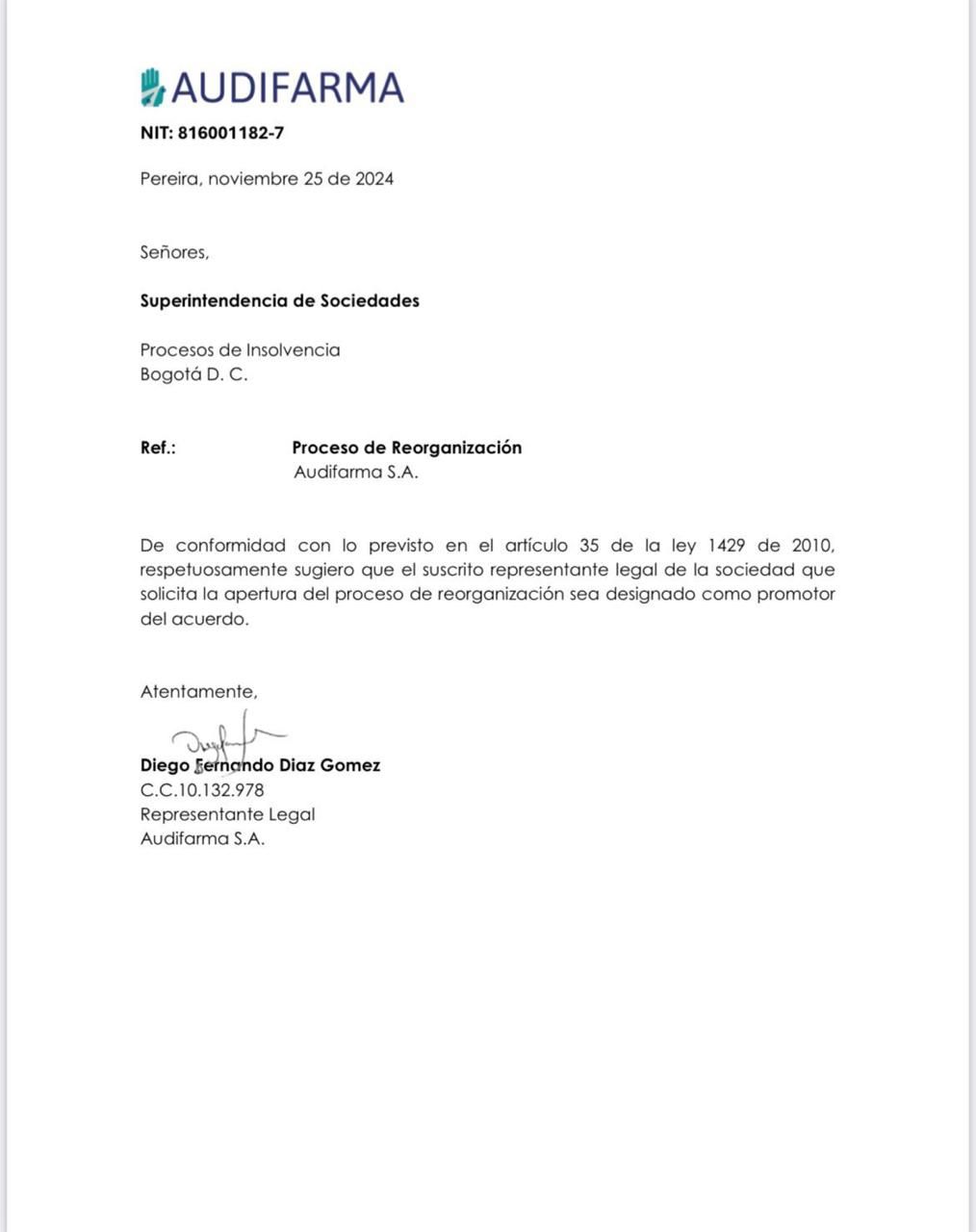 Solicitud de proceso de reorganización empresarial