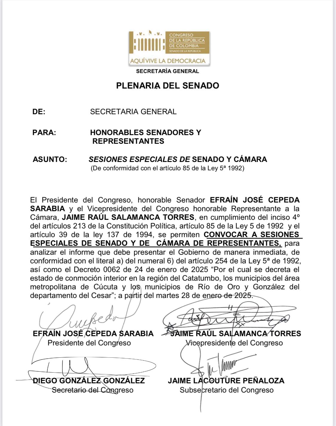 Plenaria para el análisis del decreto de conmoción interior
