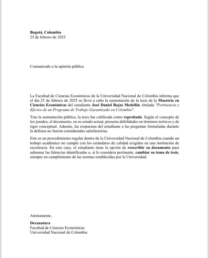 Carta de la facultad de Ciencias Económicas de la UN sobre la sustentación de Daniel Rojas
