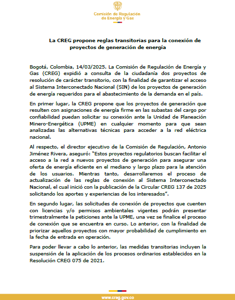 Propuesta de reglas transitorias de la Creg