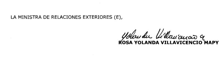 La firma de Rosa Yolanda Villavicencio, como canciller (E)