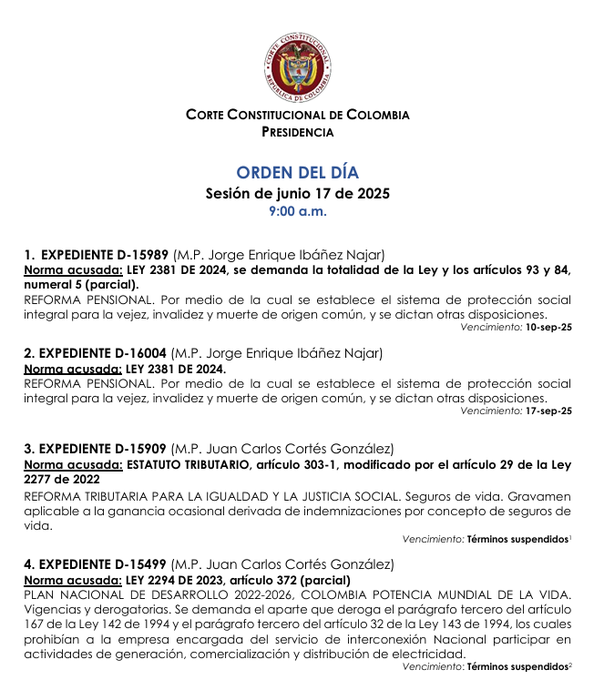 Orden del día de la Corte Constitucional