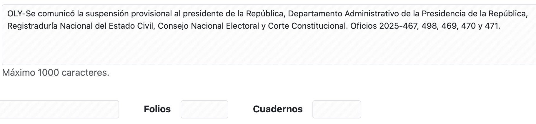 Notificación de suspensión de decreto de consulta popular