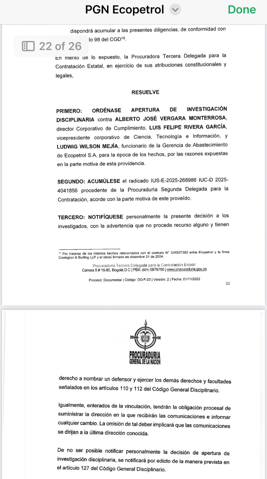 Procuraduría iniciará investigación a tres funcionarios de Ecopetrol