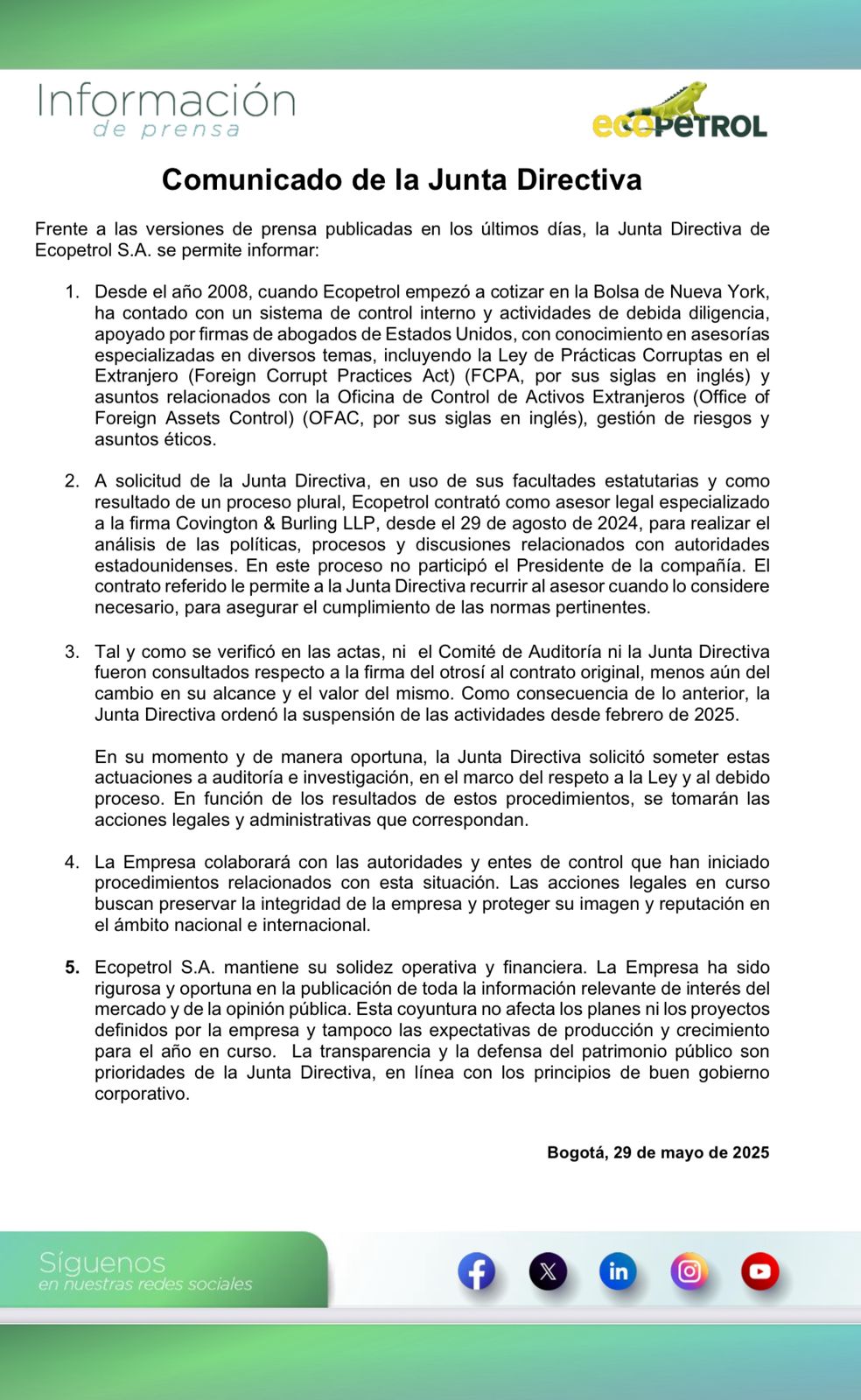 La Junta señaló que no fue consultada con la firma del otrosí con Covington & Burling, la polémica se dio justo cuando De Greiff presentó su renuncia/Ecopetrol