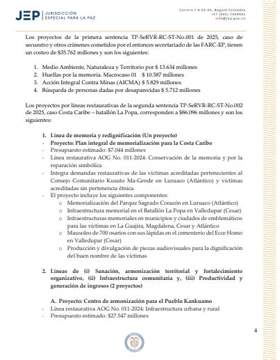 Carta de la JEP al Gobierno Nacional por insuficiencia de recursos