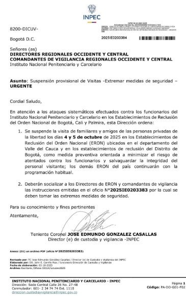 Inpec suspende visitas en cárceles de Bogotá y Valle del Cauca por motivos de seguridad