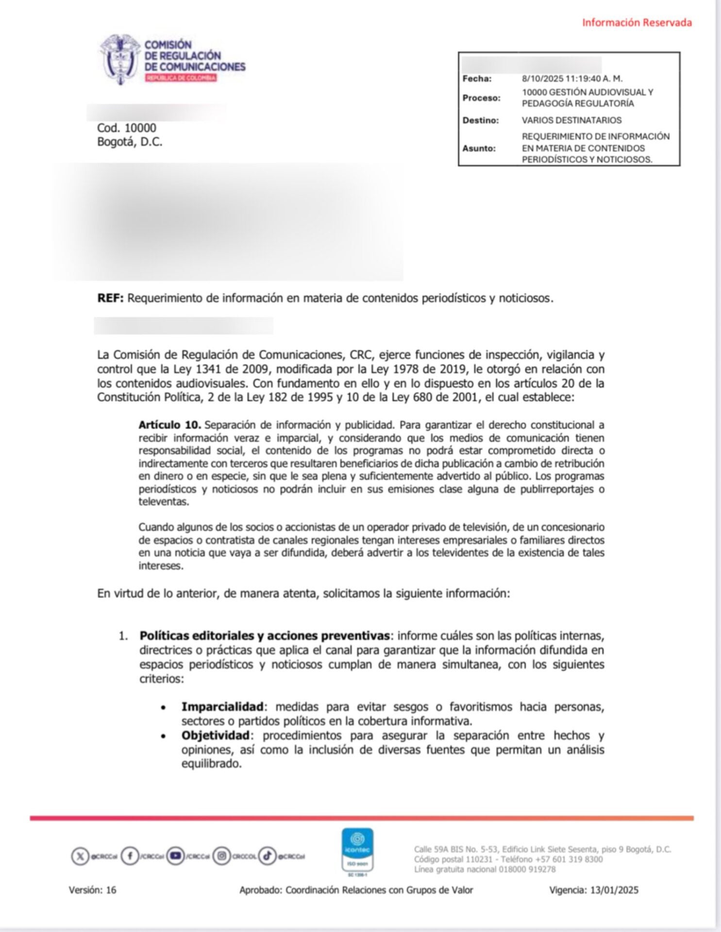 Carta enviada a los medios de comunicación por parte de la CRC