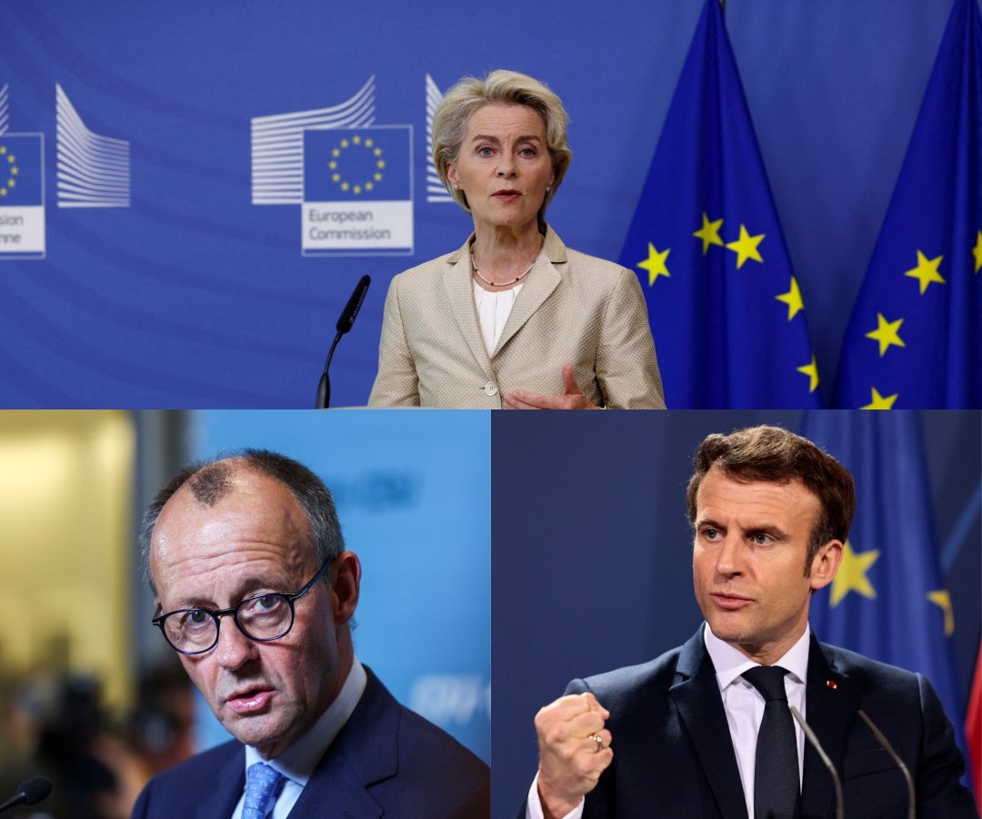 Ursula von der Leyen ,Emmanuel Macron, Friedrich Merz