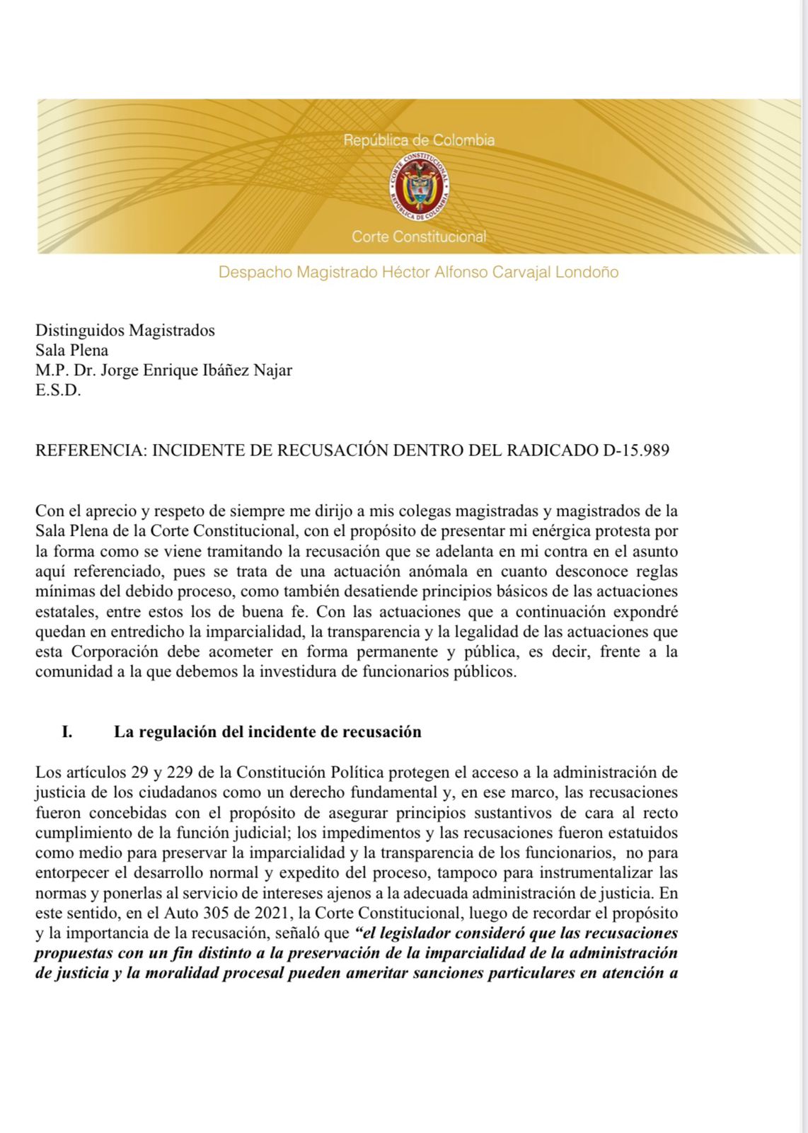 Carta del magistrado Héctor Carvajal