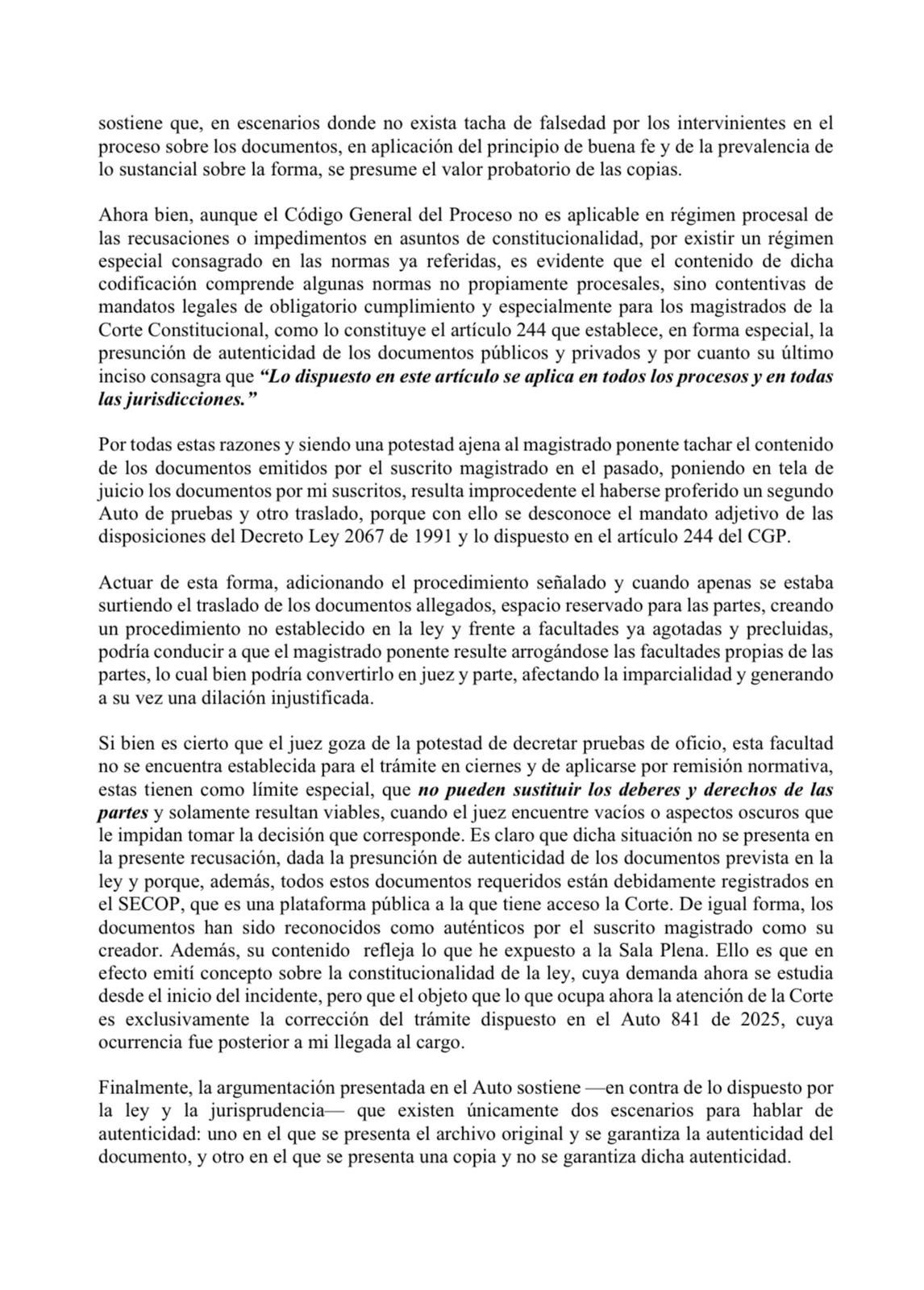 Carta del magistrado Héctor Carvajal