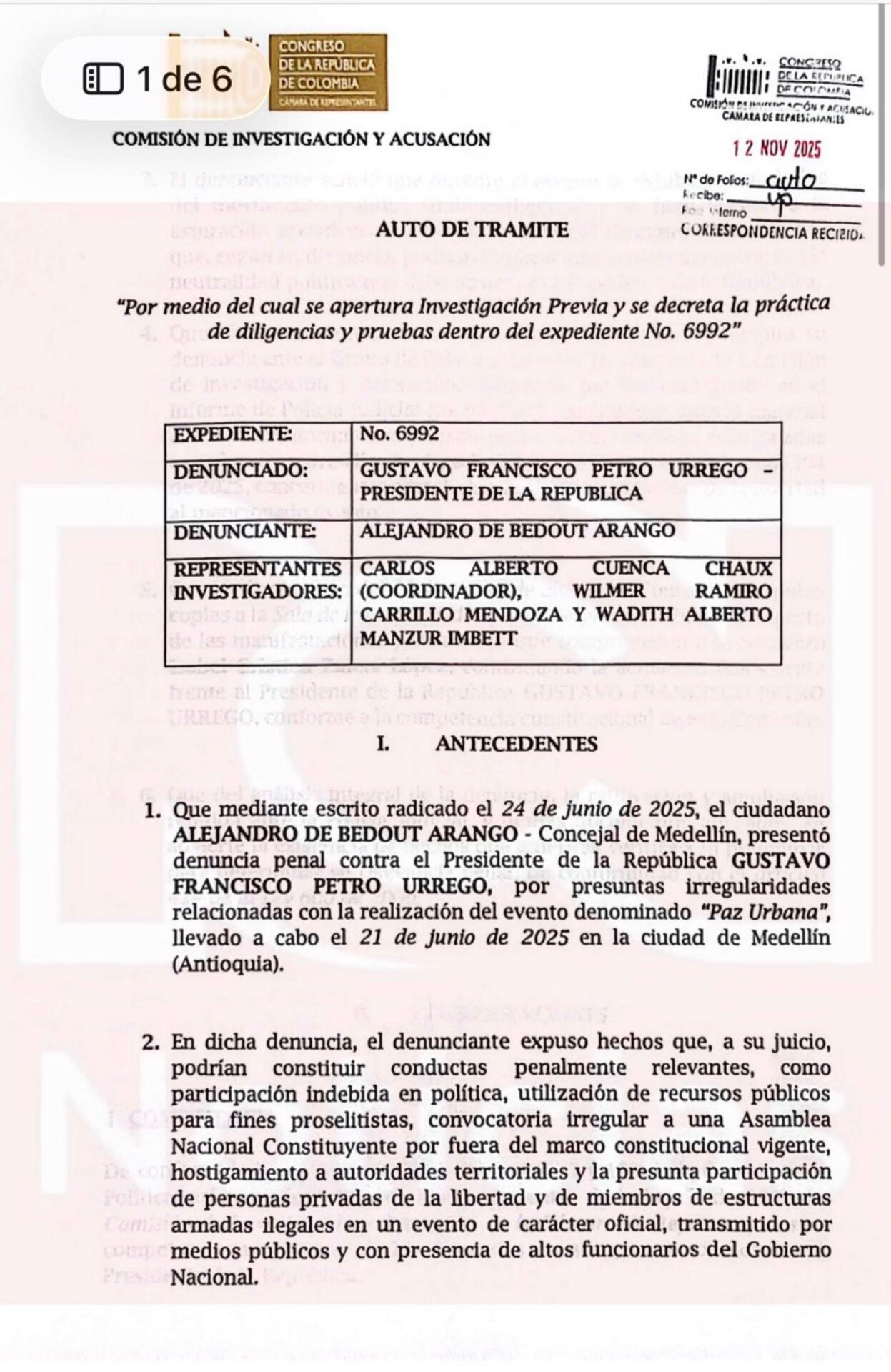 Comisión de Acusación abrió investigación previa a Petro por el 'Tarimazo' en Medellín