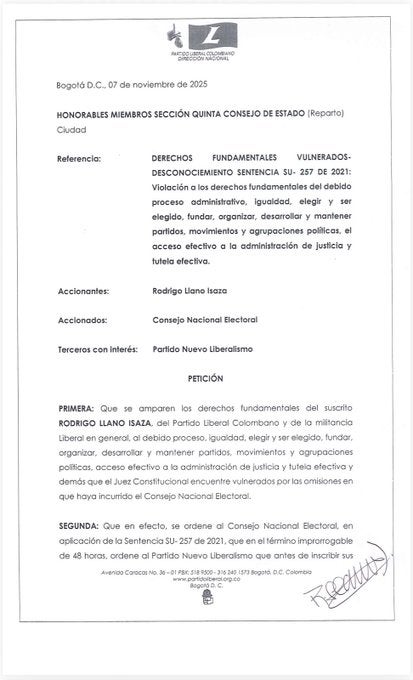 Tutela del Partido Liberal acusó al CNE de incumplir fallo de distinguir al Nuevo Liberalismo