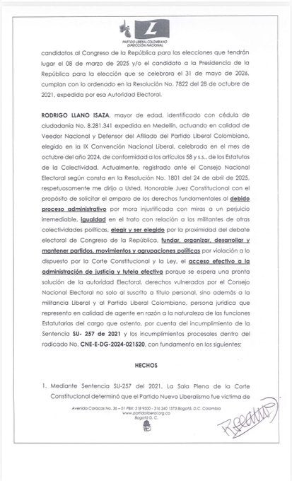 Tutela del Partido Liberal acusó al CNE de incumplir fallo de distinguir al Nuevo Liberalismo