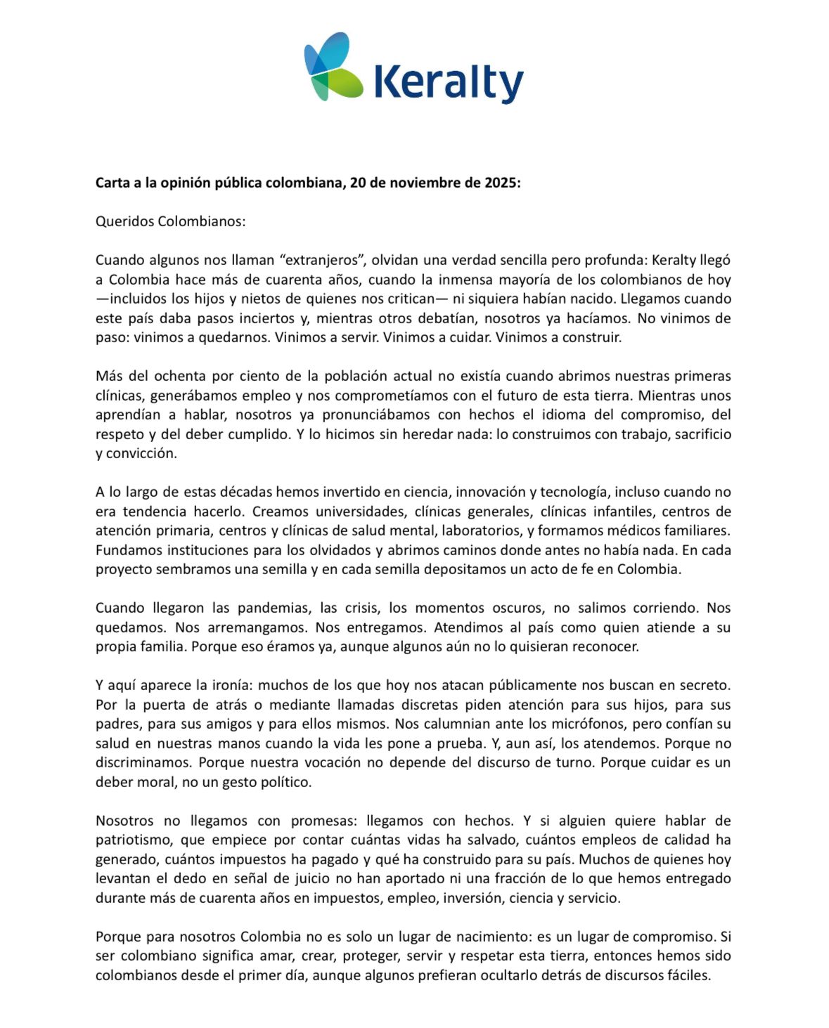 La carta de Josebas Grajales, presidente del Grupo Keralty, a sus críticos