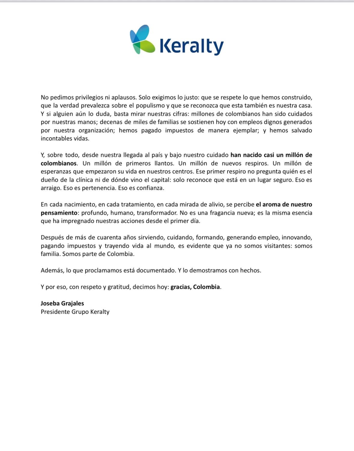 La carta de Josebas Grajales, presidente del Grupo Keralty, a sus críticos