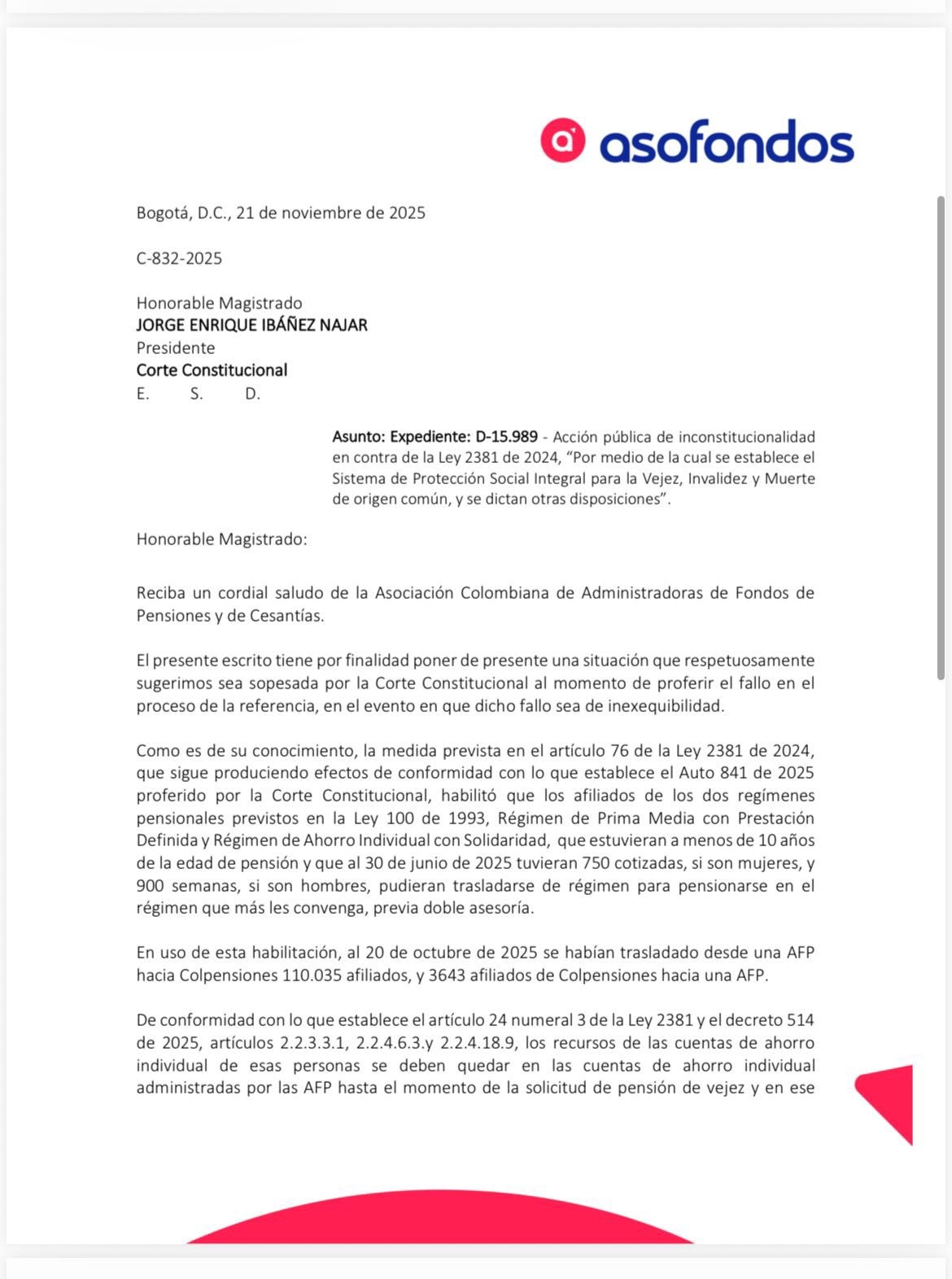 Carta de Asofondos para la Corte Constitucional