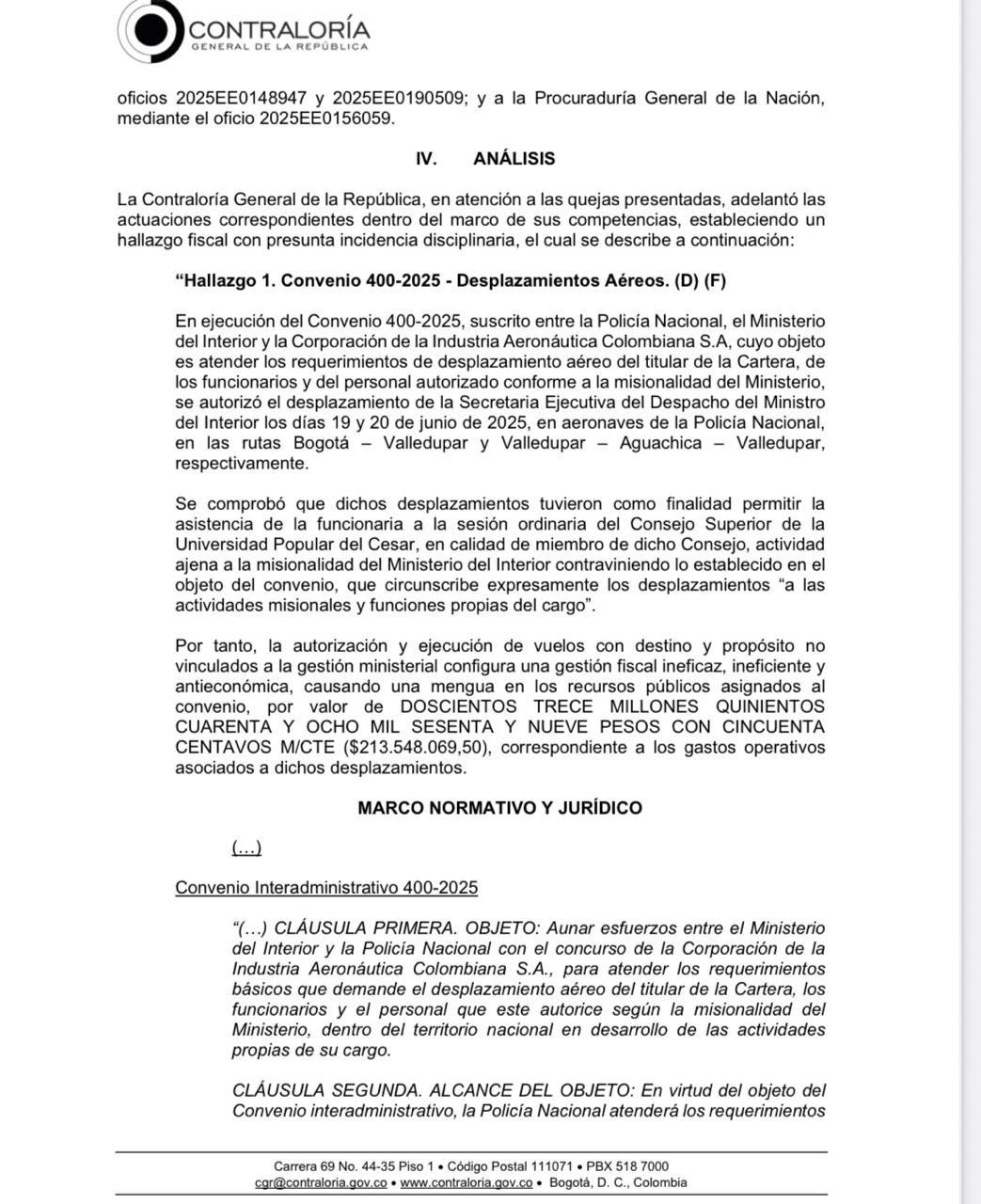 Documento de la Contraloría de los traslados de Juliana Guerrero