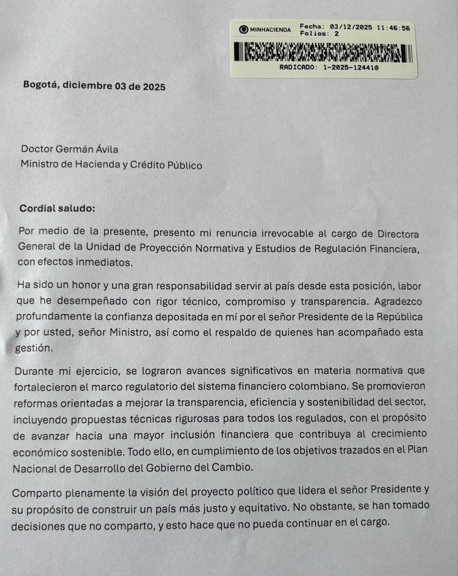Mónica Piedad Higuera Garzón presentó su renuncia a la Unidad de Regulación Financiera