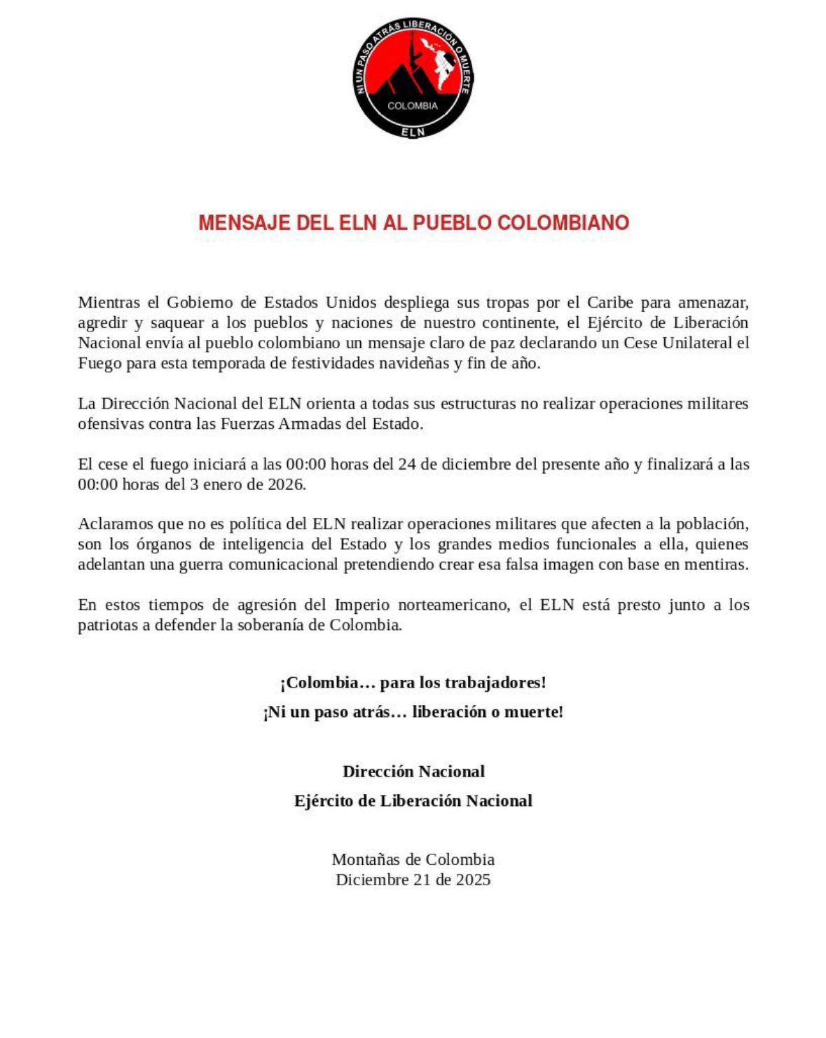 ELN anuncia cese unilateral de hostilidades durante las festividades de fin de año