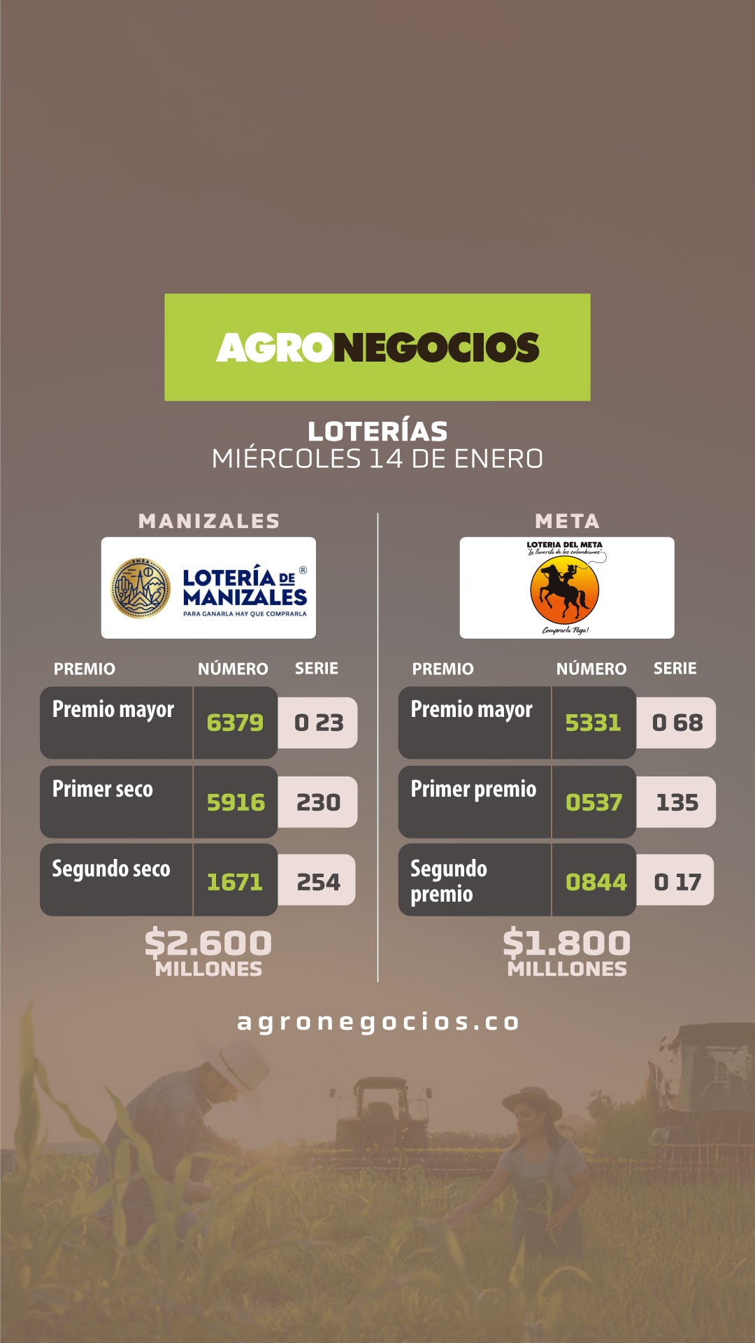 Resultados Loterías de Manizales y del Meta 14 de enero