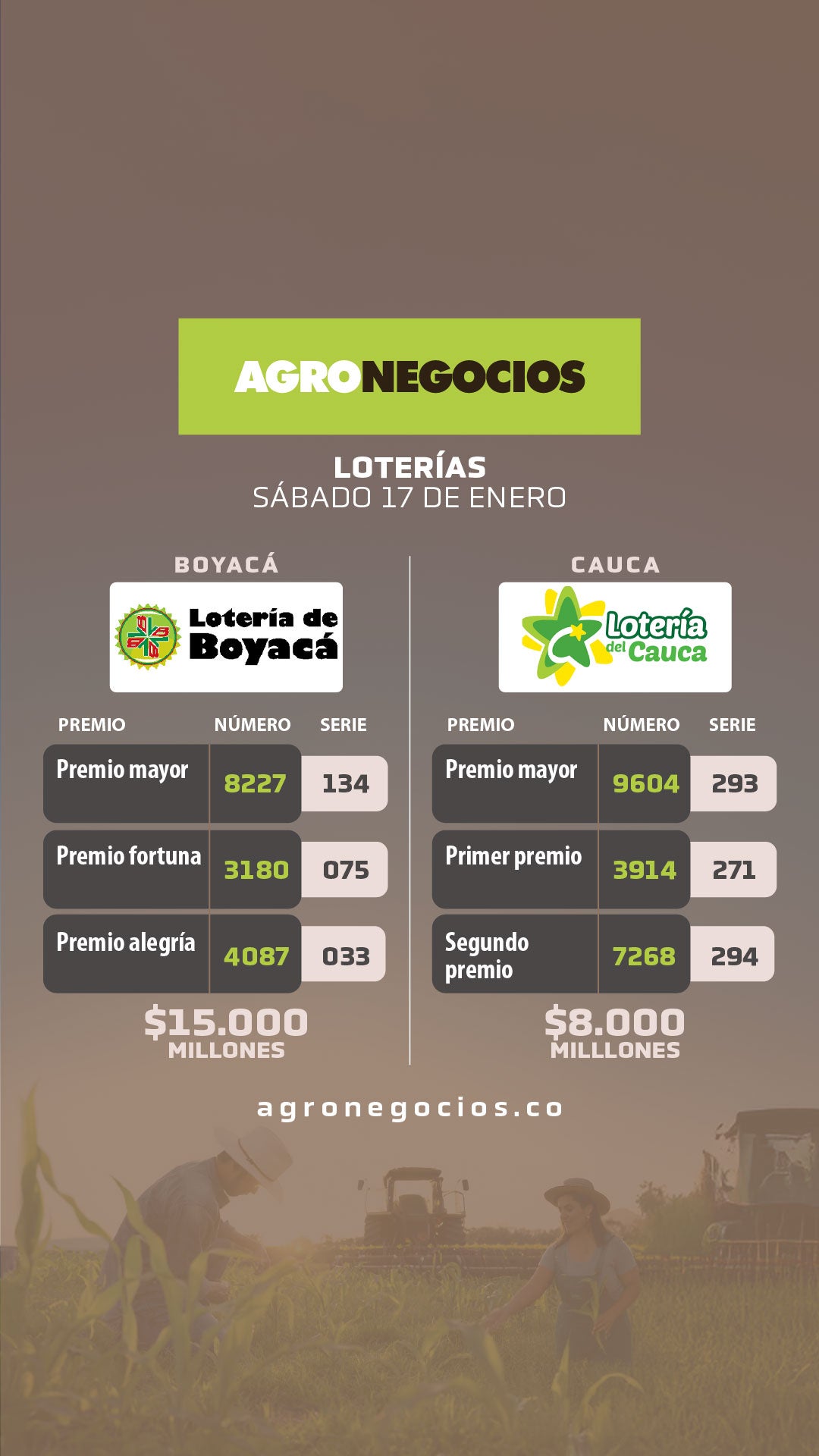 Lotería de Boyacá y del Cauca 17 de enero