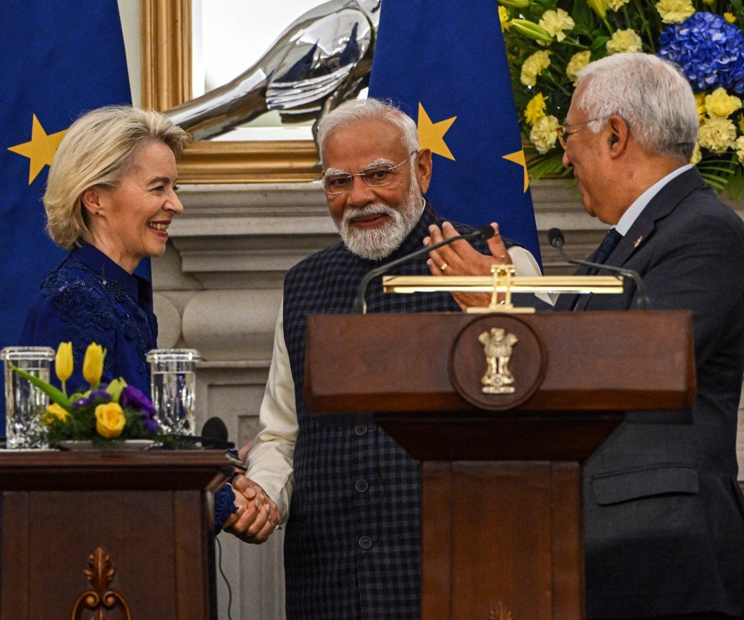 Ursula von der Leyen, a la izquierda, Narendra Modi, al centro, y Antonio Costa, en Nueva Delhi el 27 de enero
